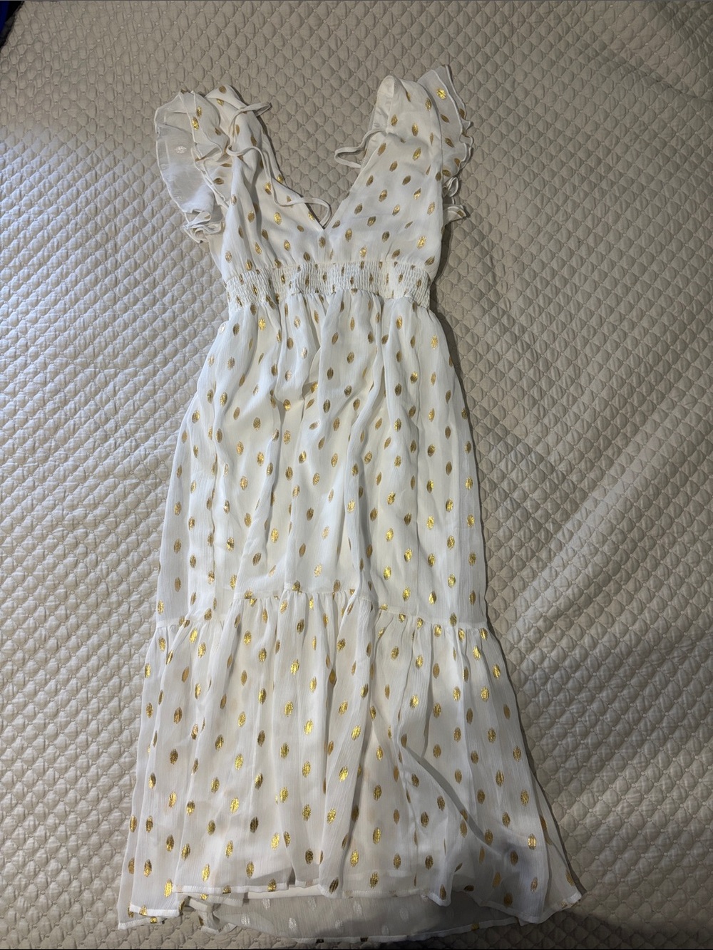 White and Gold Ruffle Strap Kids Dress